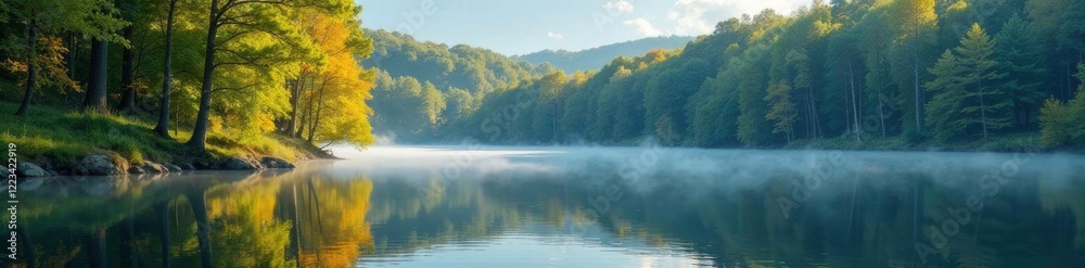 Reflections of tall trees on the calm surface of the lake, nature, peaceful Reflections of tall trees on the calm surface of the lake, nature, peaceful