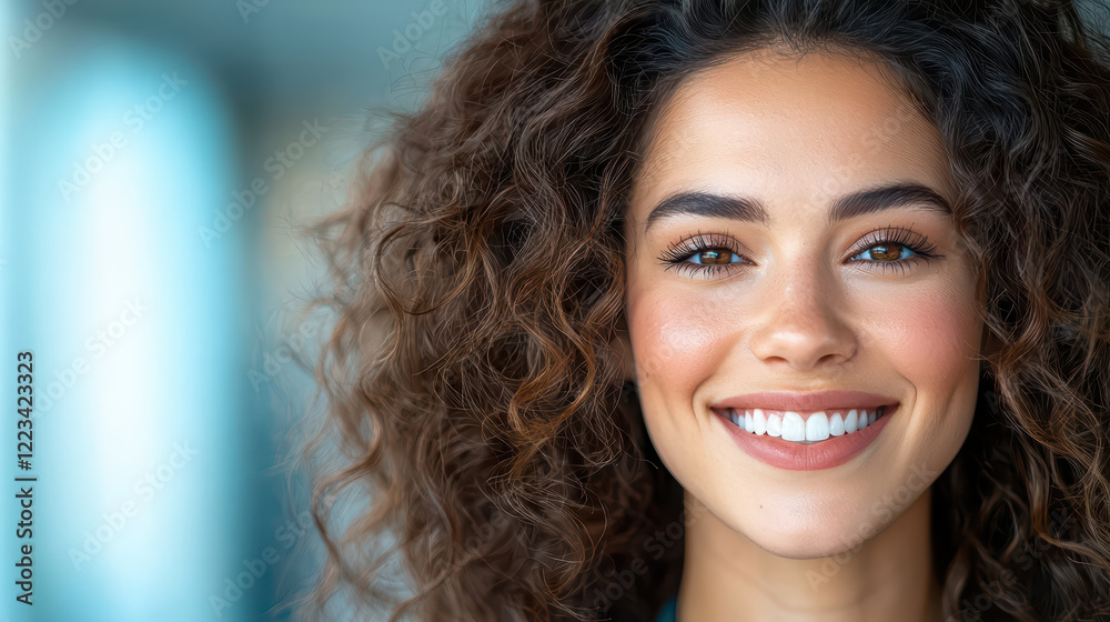 Naklejka premium Bright and cheerful woman with curly hair smiling in modern setting