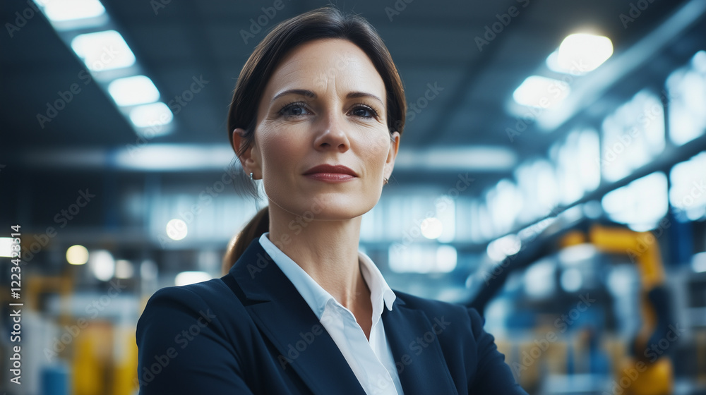 Obraz premium A female manager in a modern industrial factory with robotic arms and automated machines operating in the background. She oversees the efficient production processes, demonstrating