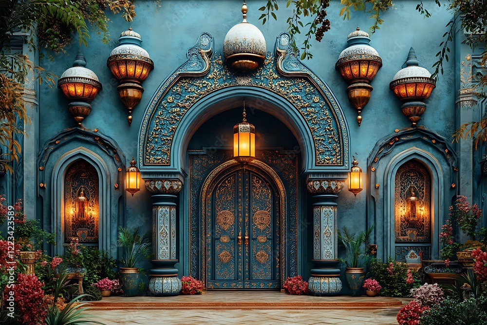 Obraz premium Ornate Blue Doorway with Intricate Designs and Glowing Lanterns, Surrounded by Lush Plants