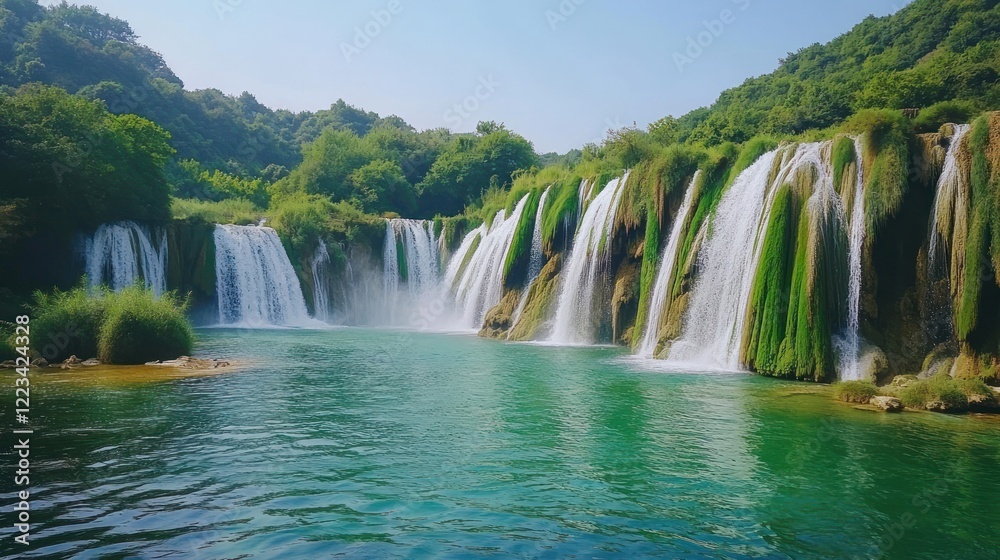 Fototapeta premium Serene Waterfall Cascading Down Lush Green Hills