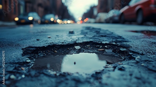 Pit in the road, Pothole in road with broken asphalt