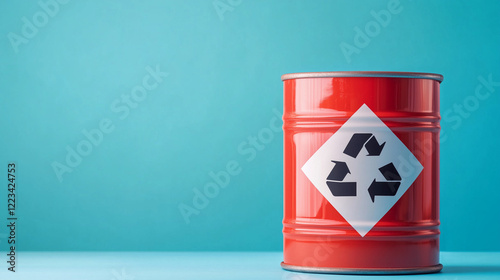 A chemical barrel labeled with flammable liquid and hazardous chemical warning symbols, featuring substances like dimethylbutane, methanol, ethanol, and butanol. This illustration photo