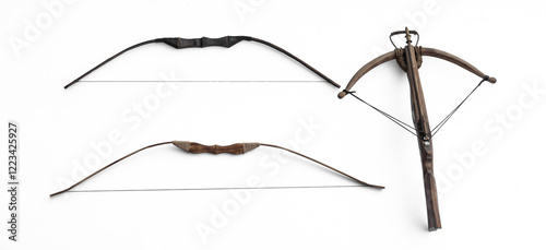 medieval wooden bows and crossbow isolated on white background