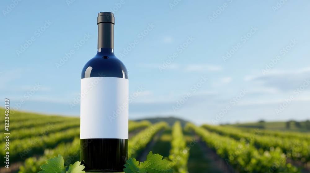 Fototapeta premium A wine bottle stands prominently in a vineyard, showcasing lush green vines under a clear blue sky, emphasizing the beauty of wine production.