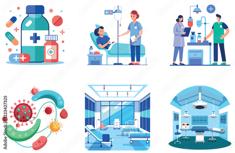 Obraz premium Pharmaceutical Production: Medicine Bundle Compression Process Collection Stickers