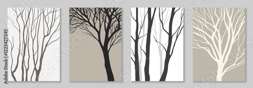 Set of vector poster with tree silhouettes for design interior, packaging, postcard, invitation, cover design. Abstract background. Earth tone colors illustration.