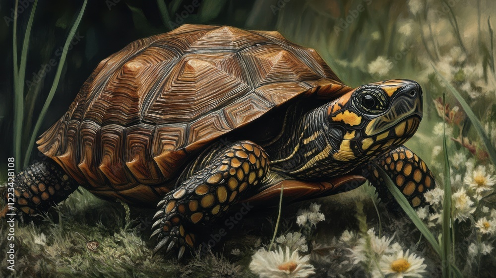 Obraz premium “eastern box turtle in natural habitat among wildflowers”