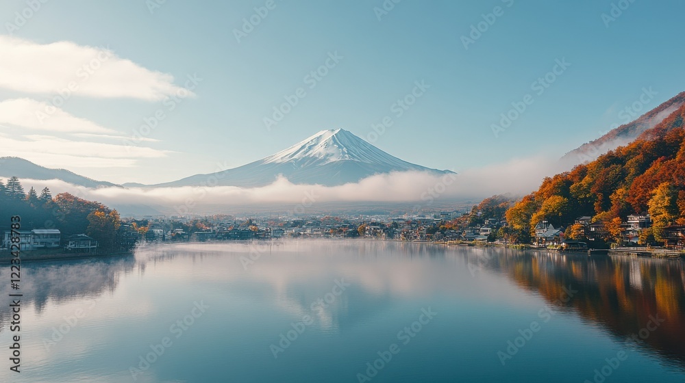 Tranquil autumn landscape with mount fuji overlooking lake and forested hills Tranquil autumn landscape with mount fuji overlooking lake and forested hills