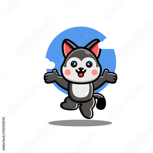 A cute cartoon husky jumping with arms outstretched set against a blue sky with clouds