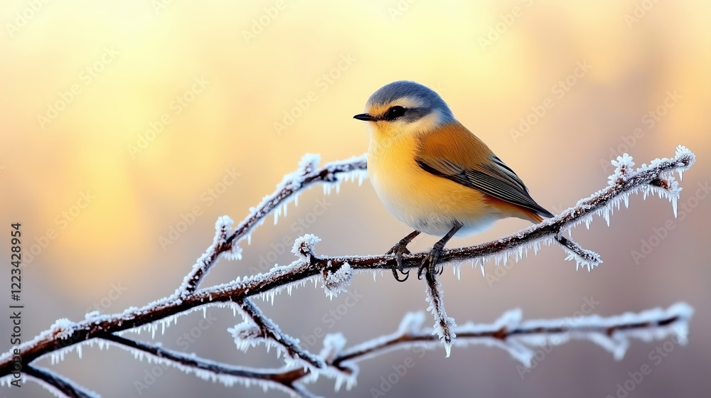 A colorful bird perched on a frosty winter branch during a serene golden sunrise, highlighting its vibrant plumage A colorful bird perched on a frosty winter branch during a serene golden sunrise, highlighting its vibrant plumage