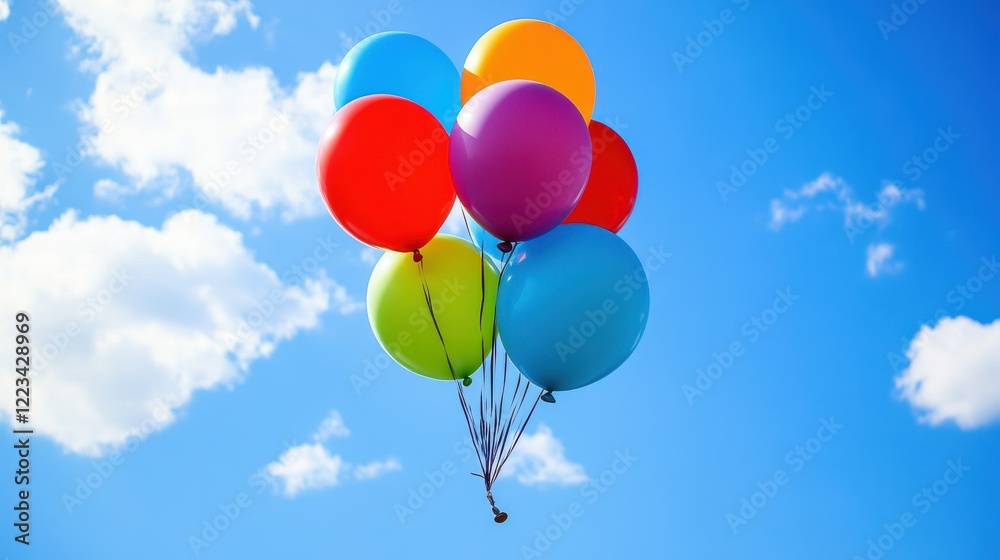 Cluster of colorful balloons floating against a clear blue sky Cluster of colorful balloons floating against a clear blue sky