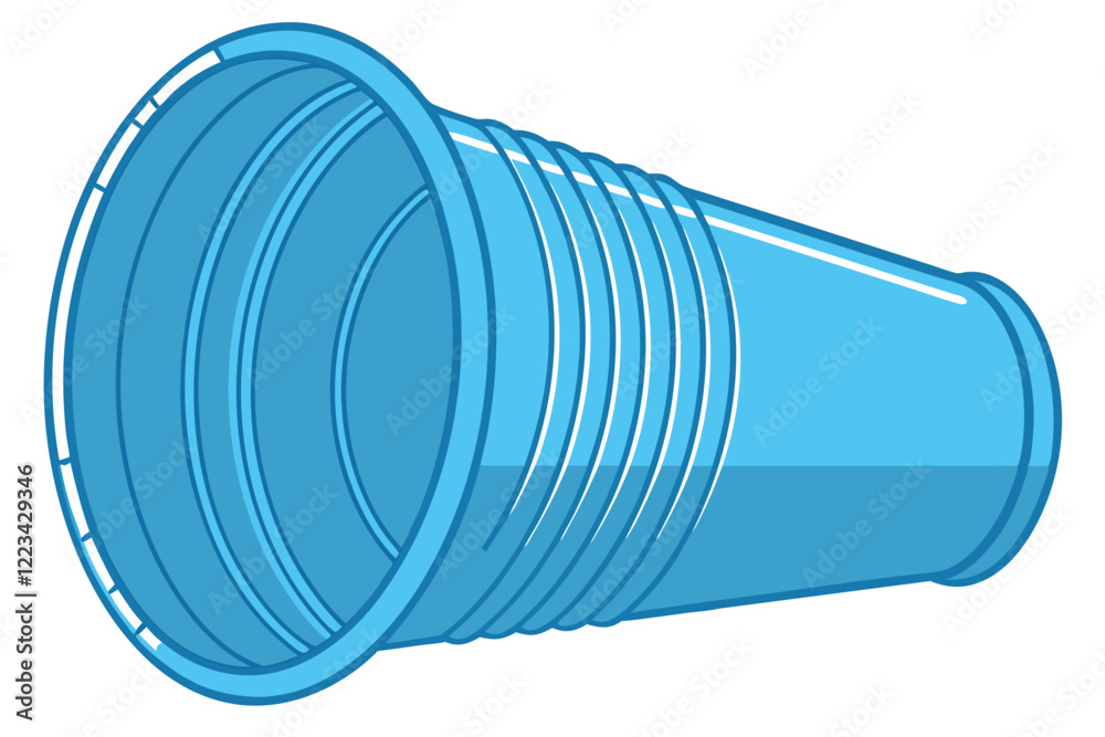 Obraz premium Blue plastic cup, transparent, disposable, ridged texture, cylindrical shape, wide rim, vibrant color, isolated on white background, product photography, clean lines, simple design, everyday object,