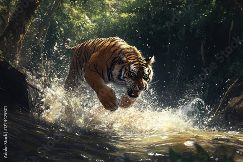 A tiger leaps nimbly towards its prey in the wild. As it leaps at the water's edge in a forested area, the whole predator image is intertwined with the rushing waters