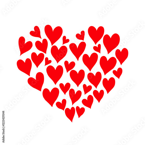 Multiple red hearts forming a larger heart shape, arranged artistically on a clean white background, symbolizing love and unity. Valentine's day illustration.