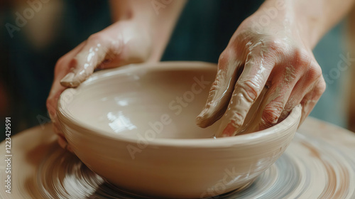 A skilled artist\'s hands shape an empty ceramic bowl on a potter's wheel in a minimalist setting, showcasing intricate craftsmanship and details, pottery, hobby of sculpting from clay photo