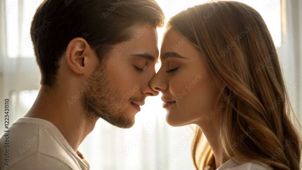 Soft intimate moment of affection between a young couple indoor setting photograph warm environment close-up view Soft intimate moment of affection between a young couple indoor setting photograph warm environment close-up view