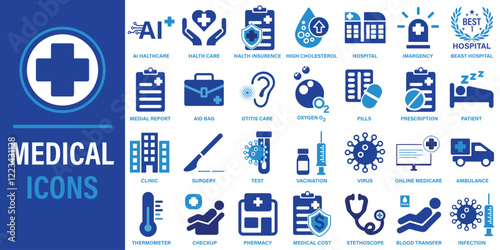 Medical icons set, healthcare and medicine icons, concept of medical and healthcare isolated on white background.