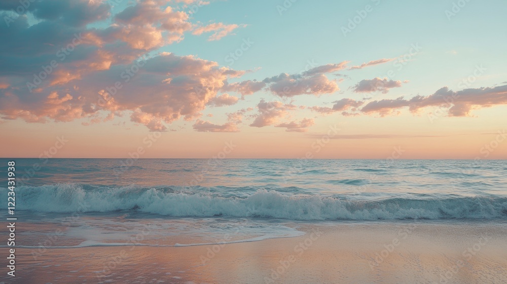 Serene Coastal Sunset: Pastel Clouds and Gentle Waves Serene Coastal Sunset: Pastel Clouds and Gentle Waves