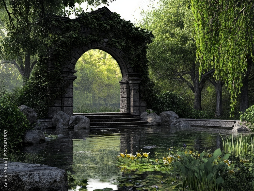 Serenity park with pond stone archway realism style nature colors Serenity park with pond stone archway realism style nature colors