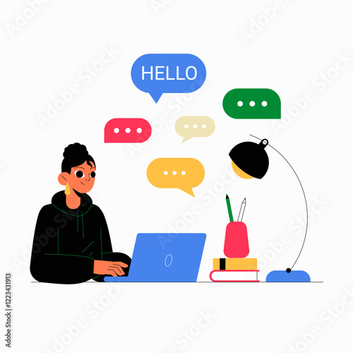 Young Woman Typing On Laptop With Chat Bubbles And Desk Objects In Flat Vector Illustration Symbolizing Online Communication, Messaging, And Digital Interaction