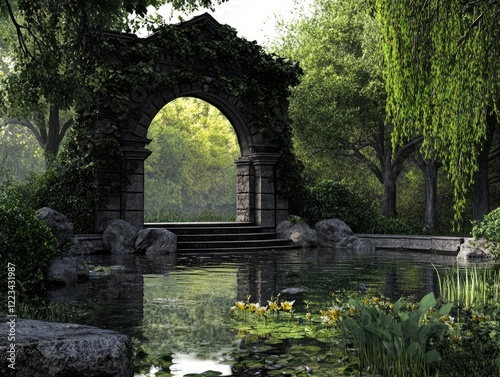 Serenity park with pond stone archway realism style nature colors photo