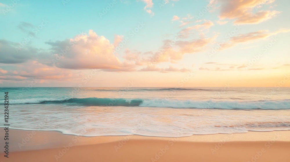 Fototapeta premium Serene Coastal Sunset: Pastel Sky, Gentle Waves, Sandy Beach