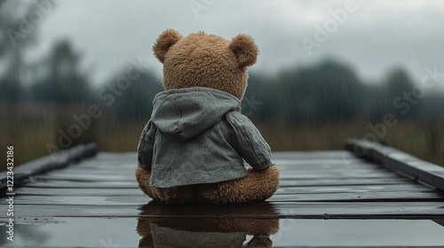 Teddy Bear in a Raincoat Sitting on a Wooden Bridge with Puddles Reflecting a Gray Sky photo