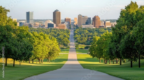 Scenic Skyline View of Topeka, Kansas from a tree-lined path