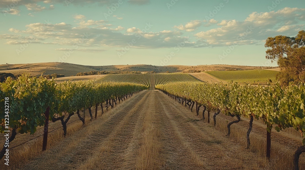Naklejka premium Vineyard Rows Stretch Towards Distant Hills Under a Cloudy Sky