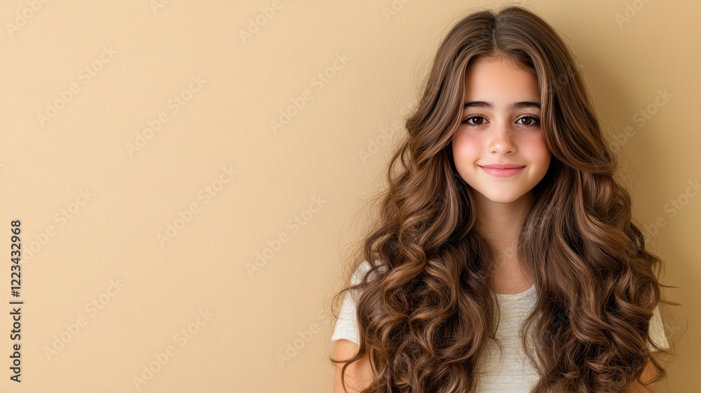 Naklejka premium Young girl with long curly hair poses against a simple beige background while wearing a light shirt and smiling softly