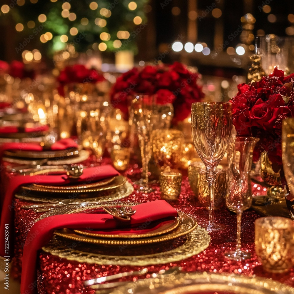 Festive red gold table setting, event, luxury decor, bokeh background Festive red gold table setting, event, luxury decor, bokeh background