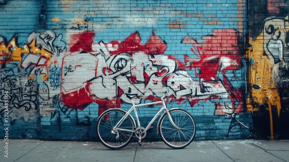 Fototapeta premium Urban Bicycle Leaned Against Vibrant Graffiti Wall