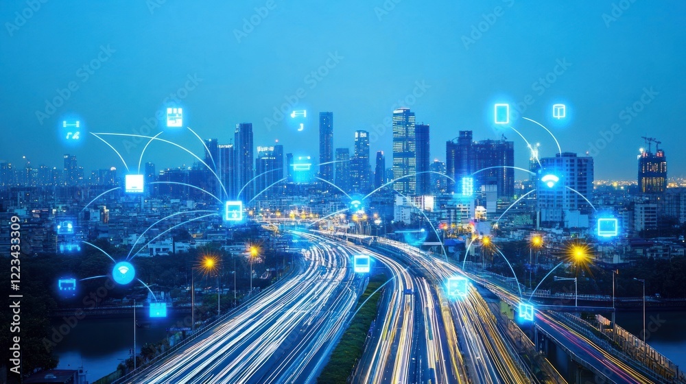 Fototapeta premium Smart City Network Illuminated Highway Technology