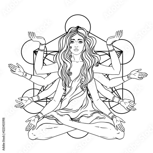 Beautiful woman with long hair and multiple hands sitting in lotus yoga position. Multi-armed goddess is Goddess Lakshmi, the Hindu goddess of wealth, fortune, and prosperity. Vector detailed isolated