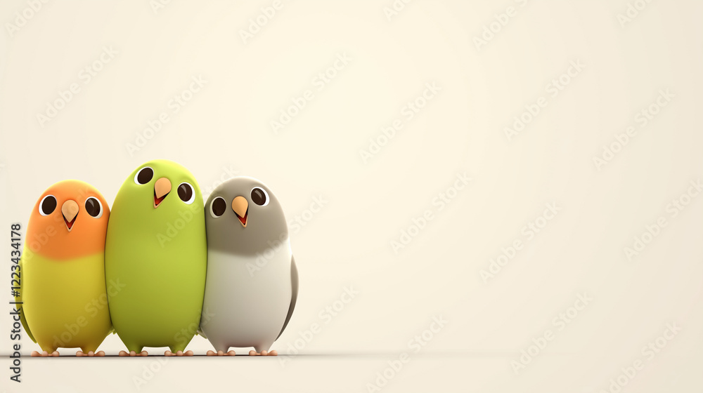 Fototapeta premium Cute Three Birds on Light Background with Copy Space