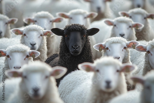 One black sheep stands in the middle of a flock of white sheep. Freedom of choice. The idea of ​​opposites. photo