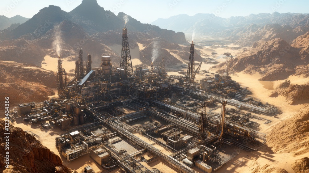 Fototapeta premium Industrial Complex Amidst Desert Mountainscape