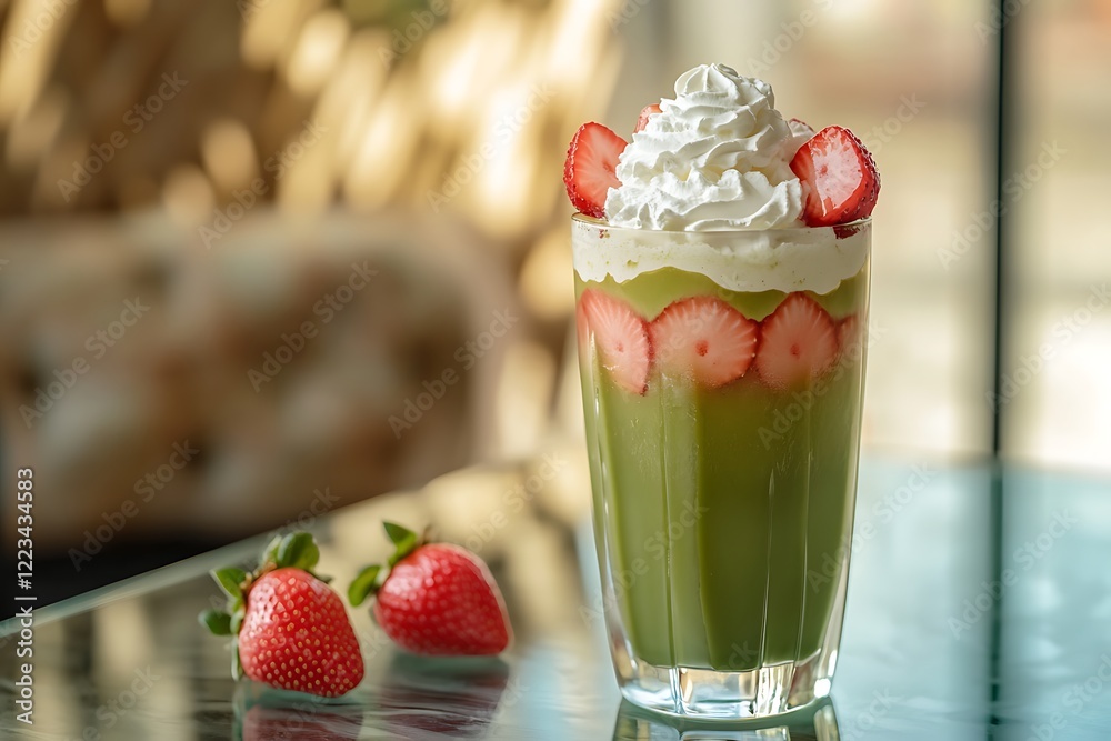 A refreshing iced strawberry matcha latte with whipped cream on top, placed on a sleek glass table with a natural light ambiance. A refreshing iced strawberry matcha latte with whipped cream on top, placed on a sleek glass table with a natural light ambiance.