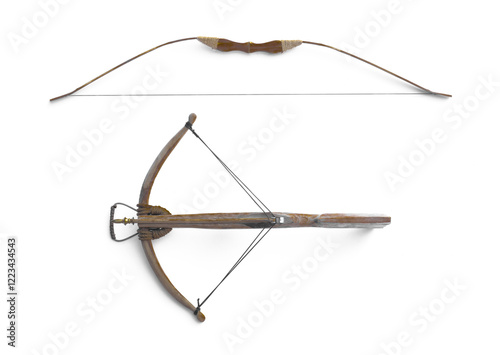 Fotografie medieval wooden bows and crossbow isolated on white background
