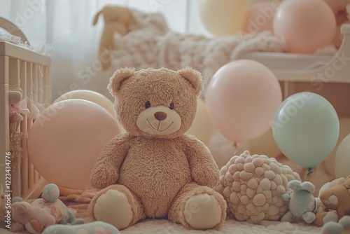 Teddy Bear Sitting Beside a Baby in a Nursery with Pastel Balloons and Soft Toys in Cozy Lighting photo