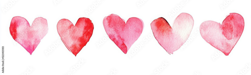 Seamless watercolor header with pink and red hearts on white background. Valentine's day border.