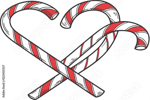 Candy canes, heart shape, red and white stripes, peppermint, Christmas treat, holiday sweets, festive confectionery, close-up, studio lighting, white background, high contrast, glossy texture, intertw