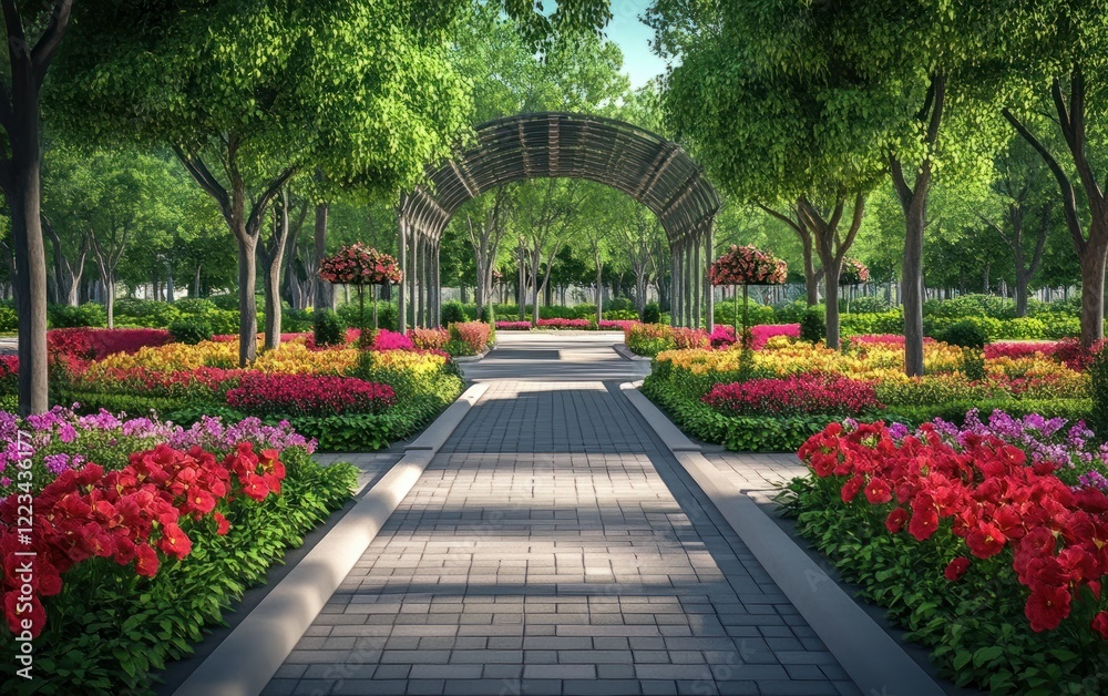 Obraz premium Vibrant park with archway flowers in red green gray