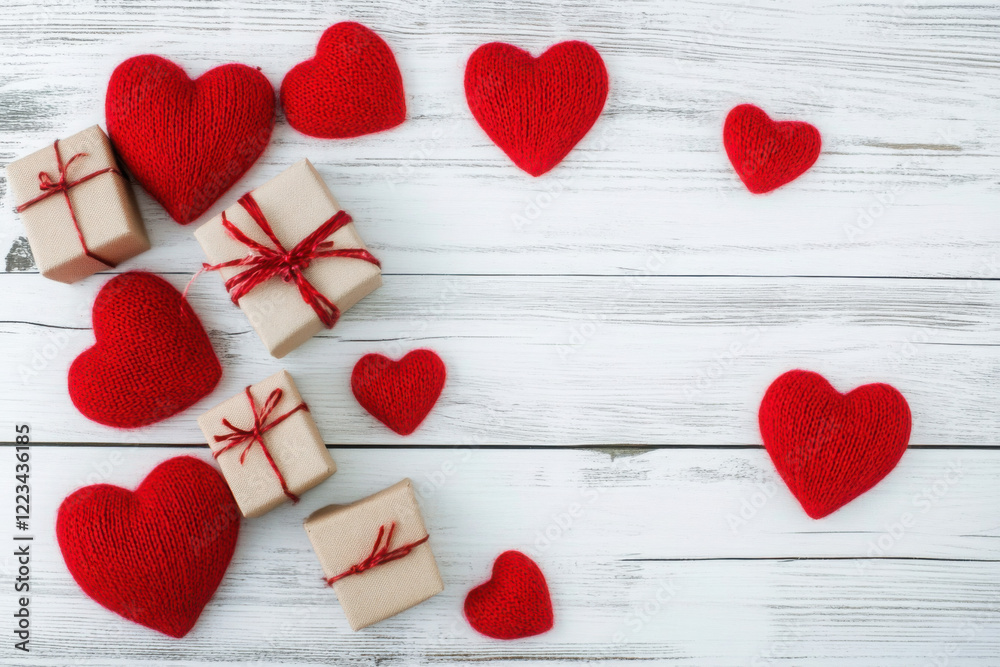 Fototapeta premium Valentine's Day. presents, heart felt and decor on wooden background