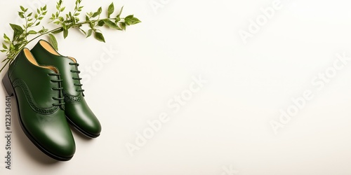 A single pair of polished green dress shoes with intricate details, placed alongside a leafy branch on a plain light background, exuding style and elegance