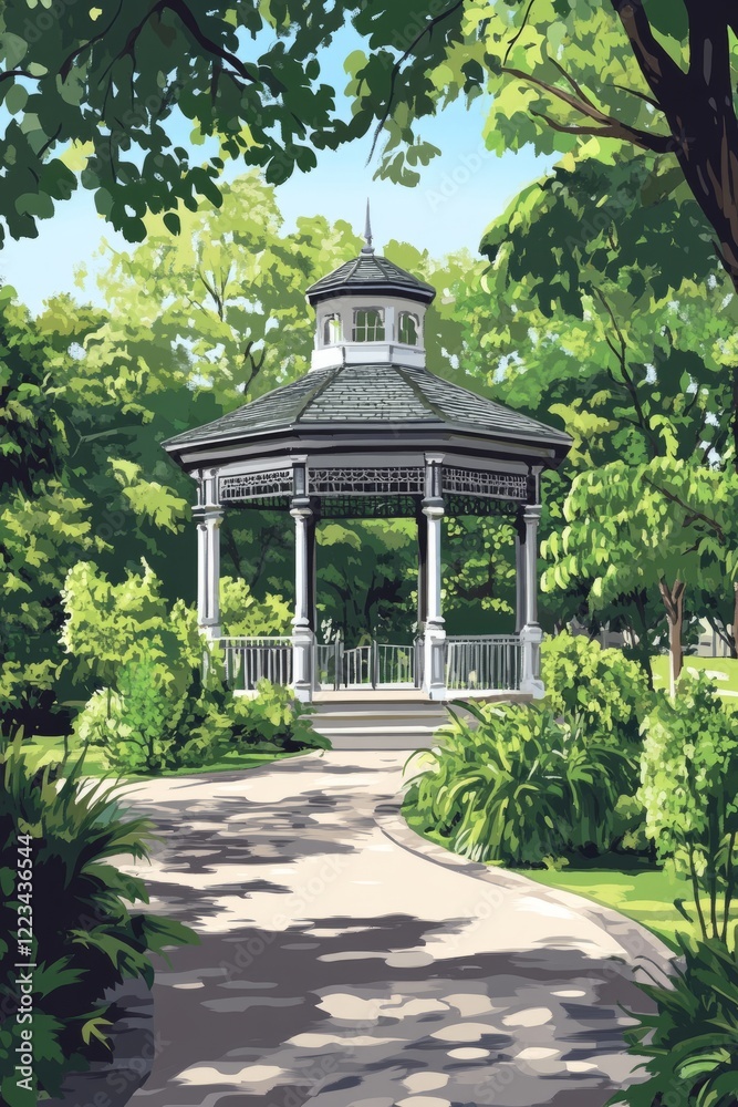 Obraz premium Ornamental park with gazebo trees greengraywhite color scheme