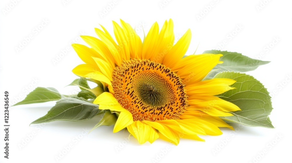 Obraz premium A tall and radiant sunflower with its bright yellow petals radiating from the center, isolated on a clean white background,