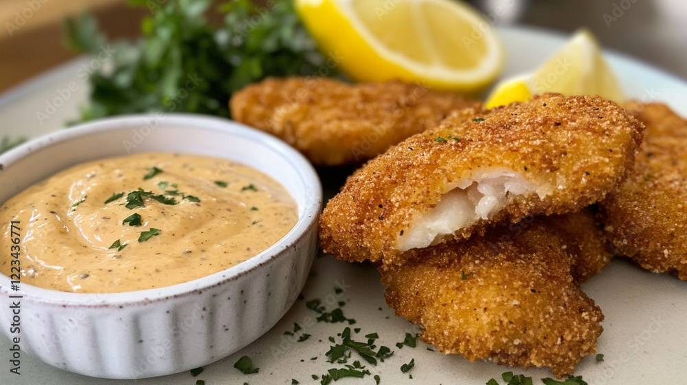 Crispy Southern Fried Catfish Nuggets with a Zesty, Tangy Remoulade Dipping Sauce. A mouthwatering image perfect for menus, recipe blogs, and food publications. High-resolution, Crispy Southern Fried Catfish Nuggets with a Zesty, Tangy Remoulade Dipping Sauce. A mouthwatering image perfect for menus, recipe blogs, and food publications. High-resolution,