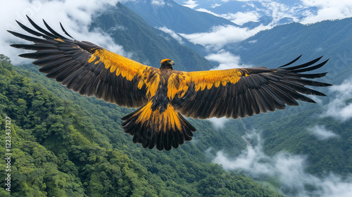 Majestic eagle soaring over lush green mountains and misty clouds. photo